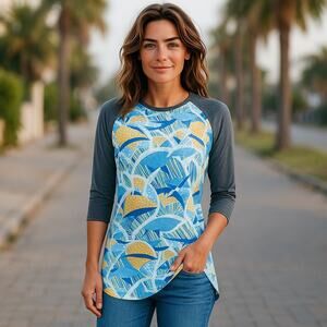 LuLaRoe Womens Top Size XXS Randy Baseball Tee Yellow Blue White Gray NEW